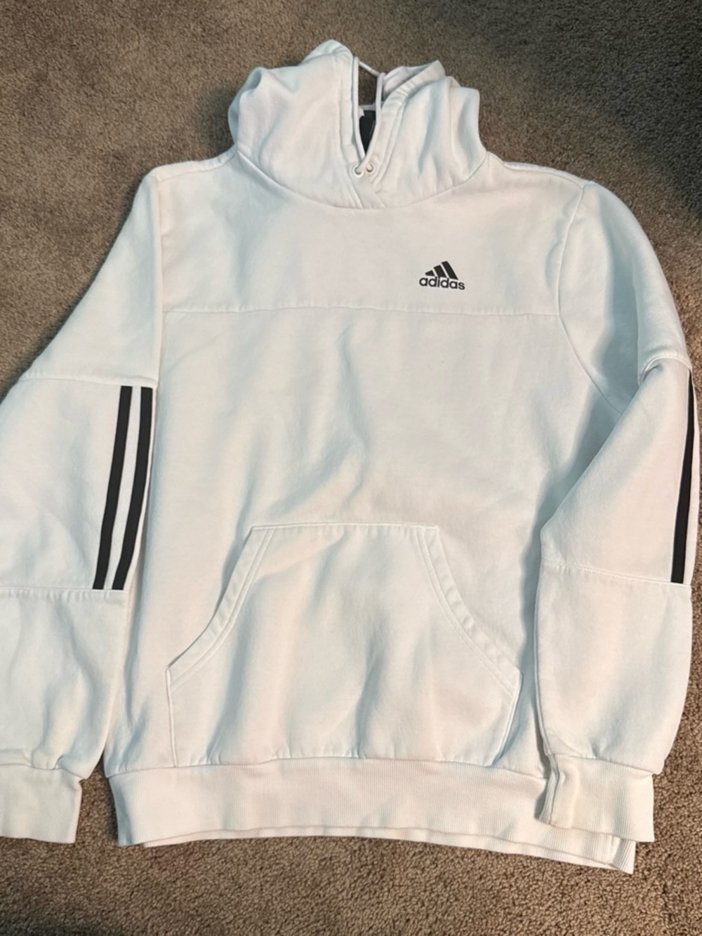 Adidas White Hoodie Sweatshirt with Black Stripe Accents - size small
